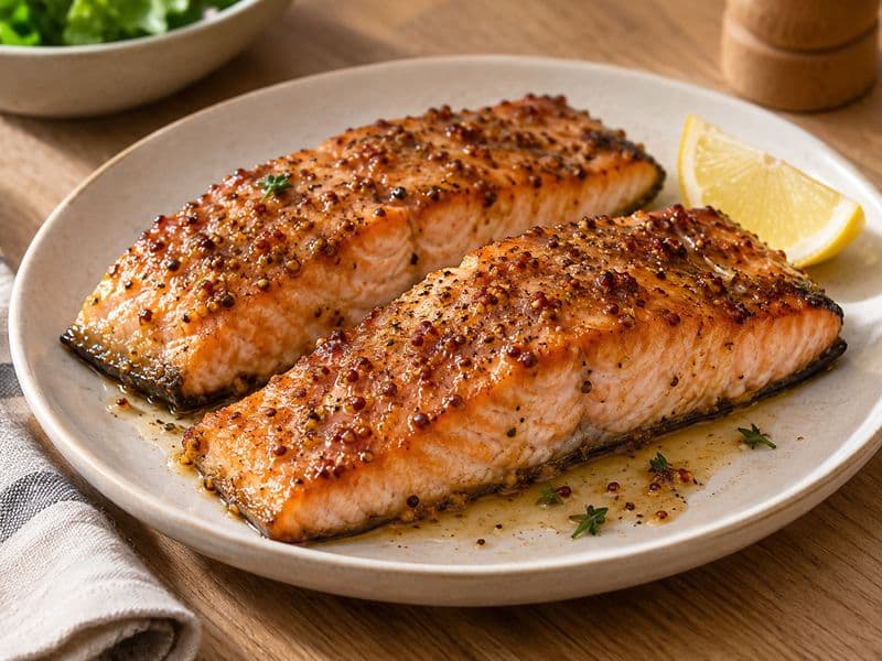 Zalm met honing-mosterdglaze